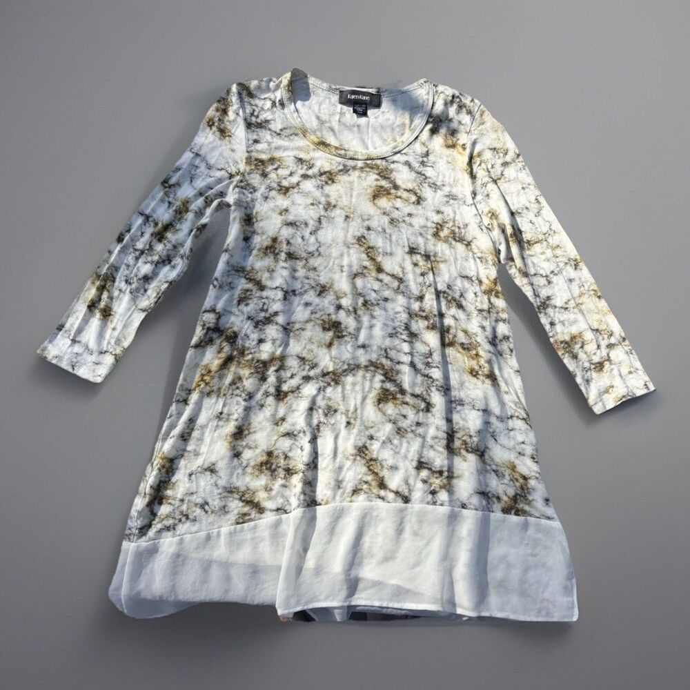 Karen Kane Marble Print Tunic Top XS Sheer Hem Stretch Knit Made in USA